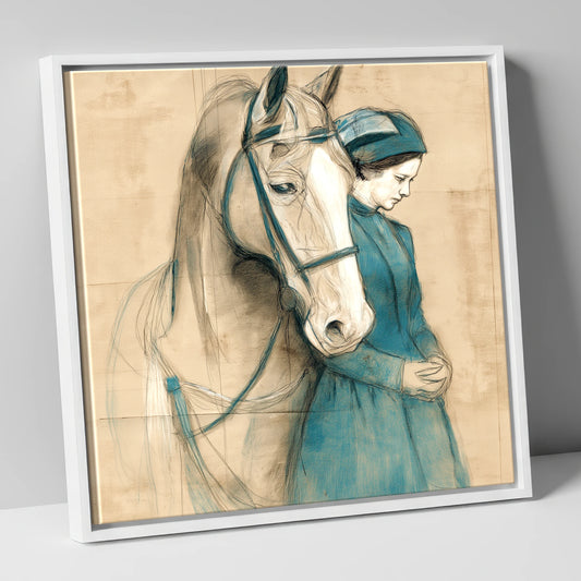 Silent Bond horse & rider canvas wall art in white frame