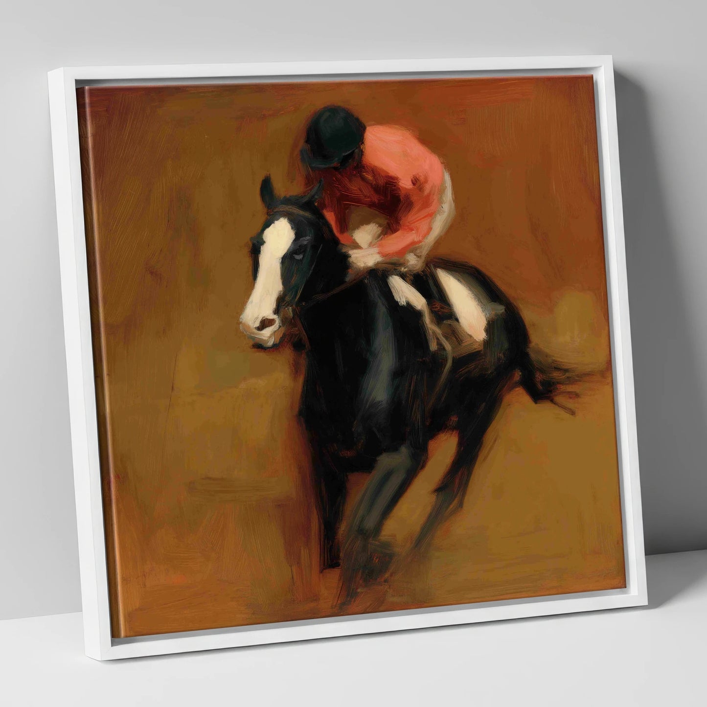 Terracotta Thunder racing horse canvas wall art in white frame