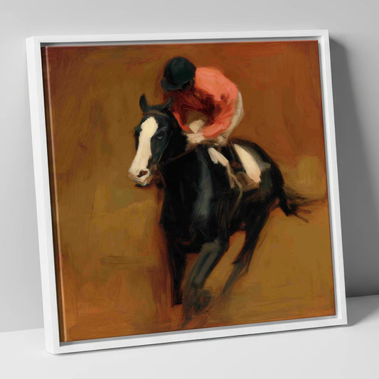 Terracotta Thunder racing horse canvas wall art in white frame