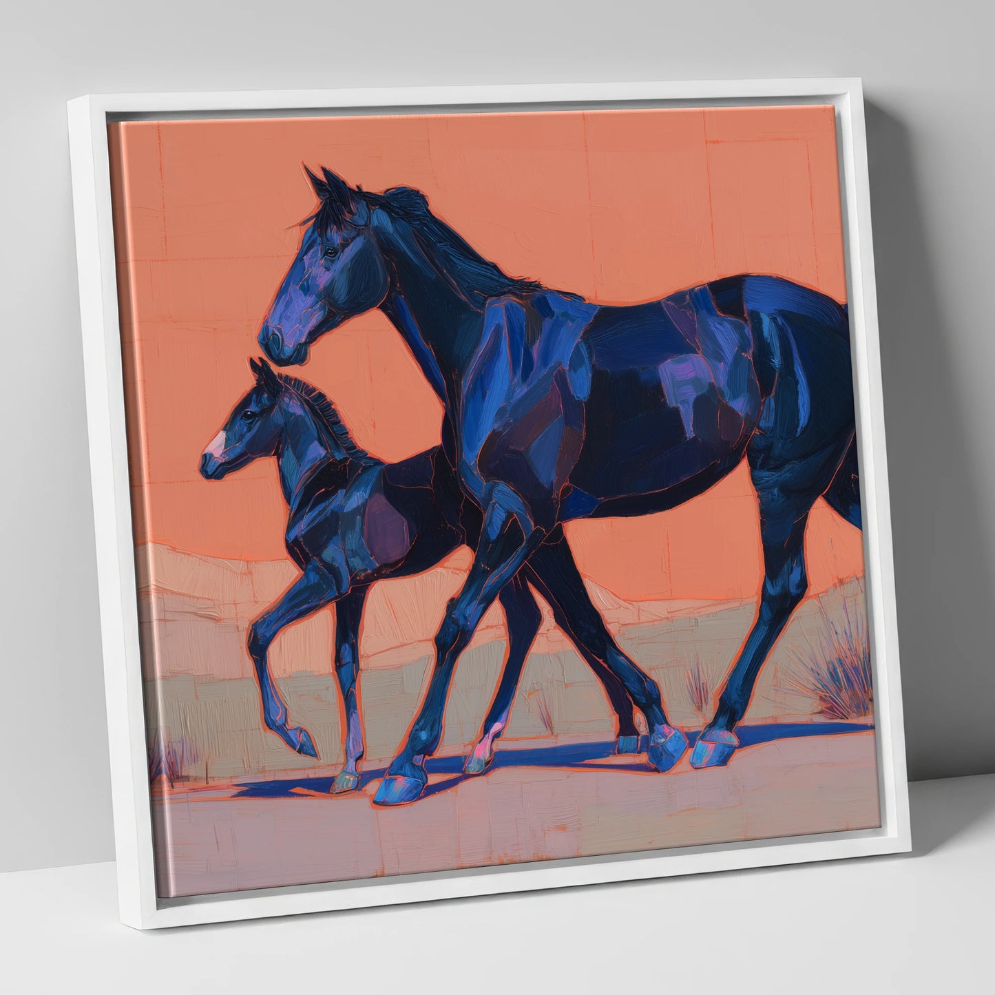 Bold Indigo Strides mare & foal canvas wall art in white frame