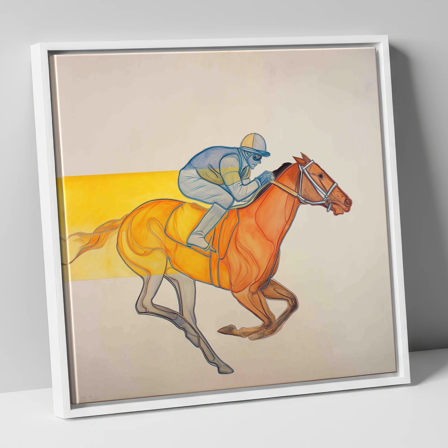 Radiant Racing Stride racing horse canvas wall art in white frame
