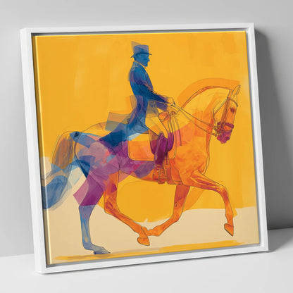 Cobalt and Gold Passage dressage horse canvas wall art in white frame