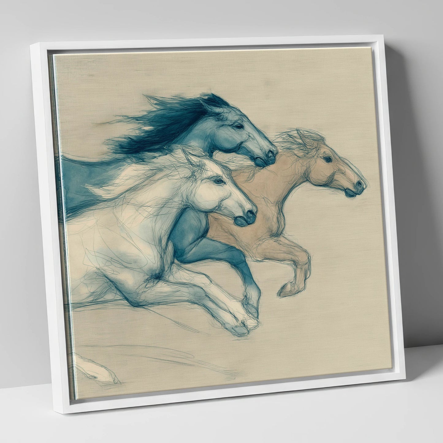Azure Equine Trio wild horses canvas wall art in white frame