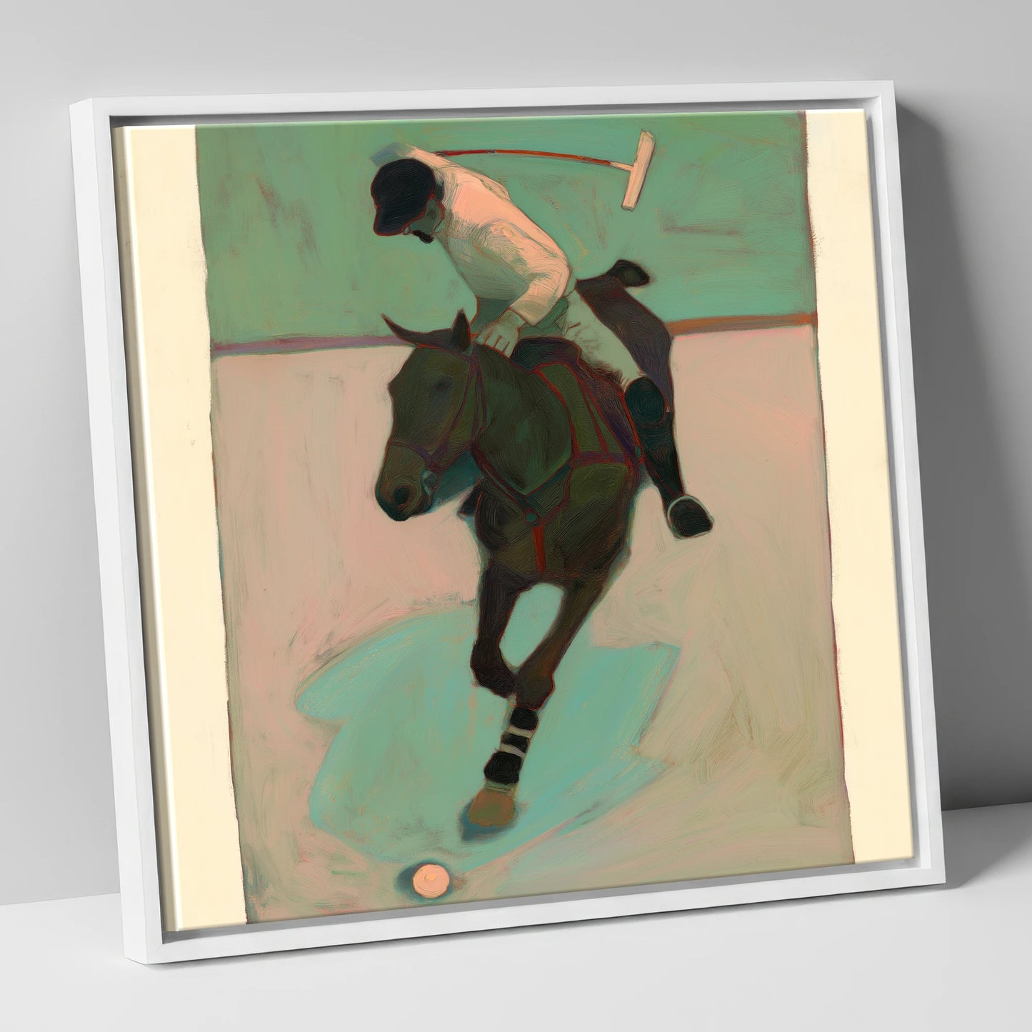 Turning on the Ball polo horse canvas wall art in white frame