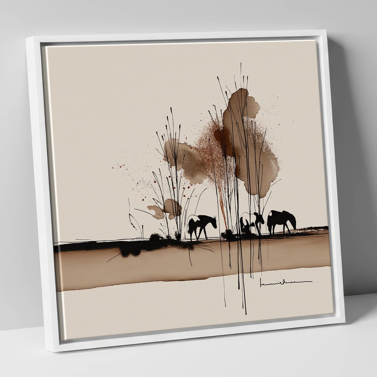Grazing in Sepia Shadows horse landscape canvas wall art in white frame