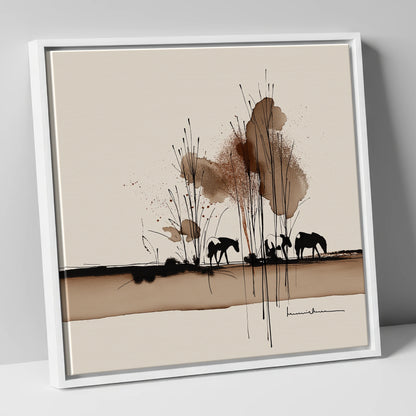 Grazing in Sepia Shadows horse landscape canvas wall art in white frame