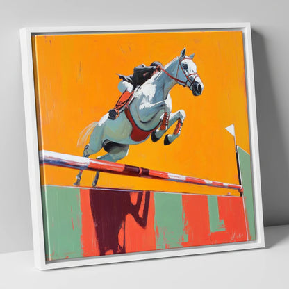 Power In Flight show jumping horse canvas wall art in white frame