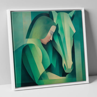 The Emerald Bond horse & rider canvas wall art in white frame
