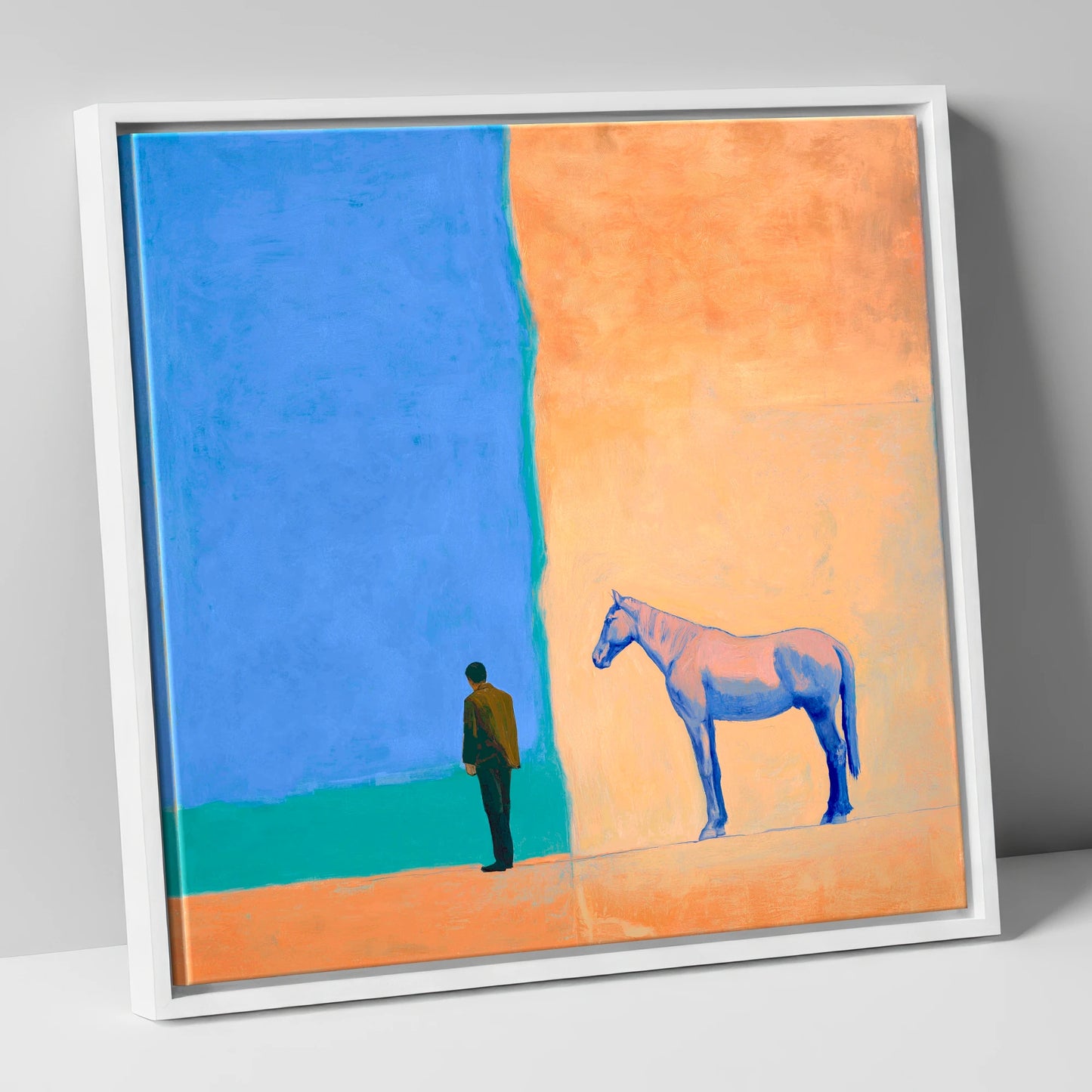 Between Blue and Sand horse & rider canvas wall art in white frame