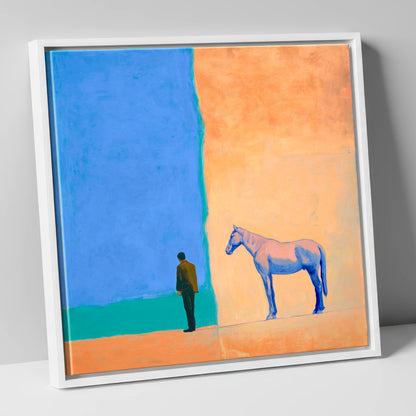 Between Blue and Sand horse & rider canvas wall art in white frame
