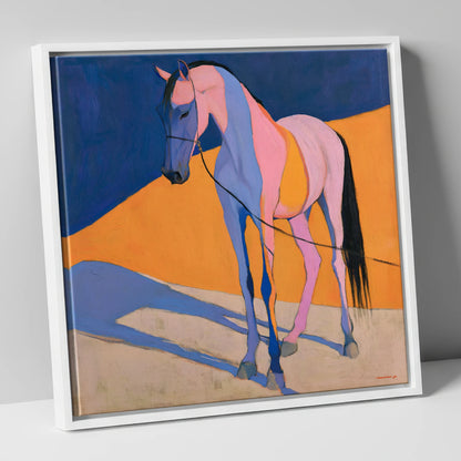 Pink and Blue Abstract Horse horse breed canvas wall art in white frame