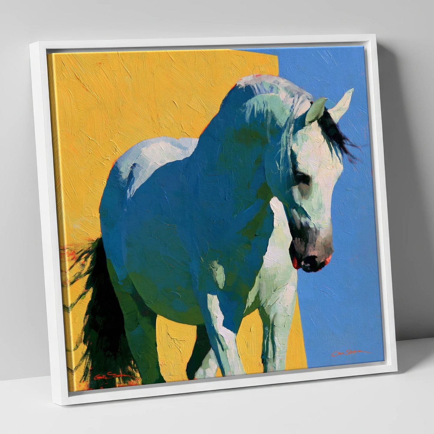 Grey Horse in Vibrant Light horse breed canvas wall art in white frame