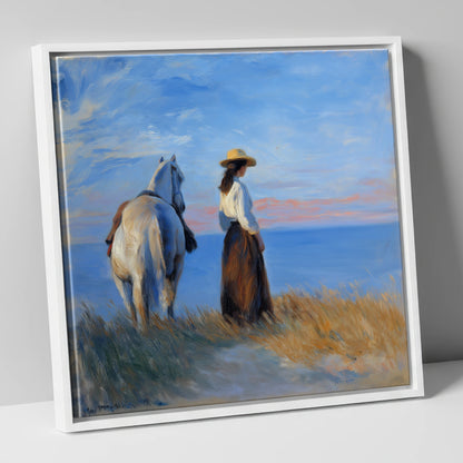 Contemplating the Horizon horse & rider canvas wall art in white frame