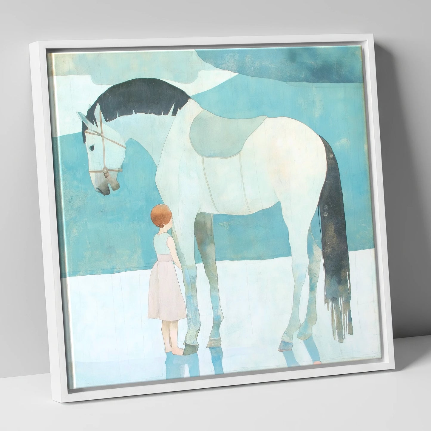 Quiet Trust horse & rider canvas wall art in white frame