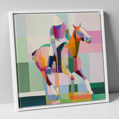 Geometric Polo Strike polo horse canvas wall art in white frame