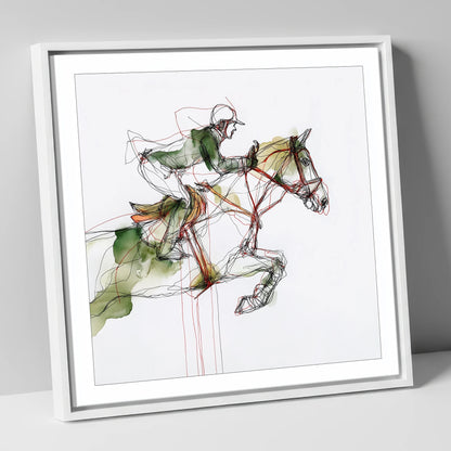 Dynamic Flight show jumping horse canvas wall art in white frame