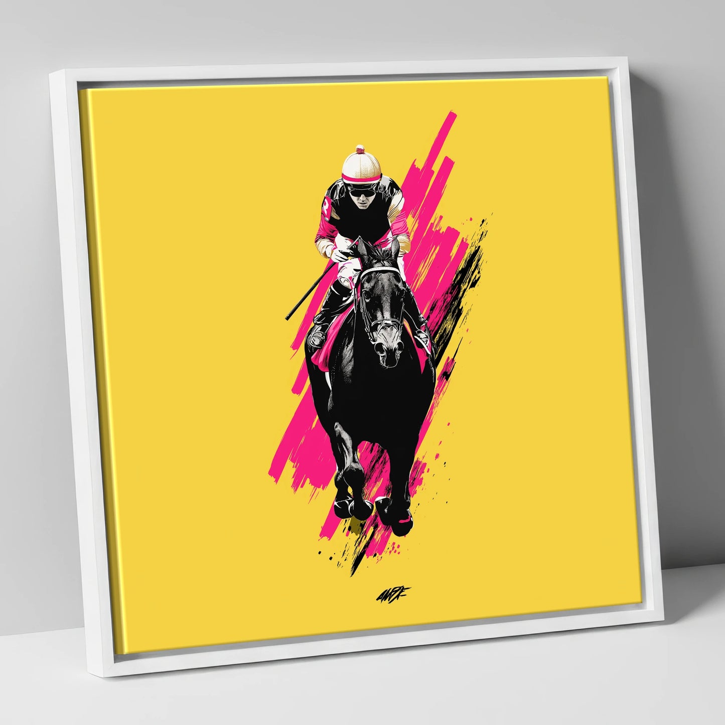 The Front Runner racing horse canvas wall art in white frame