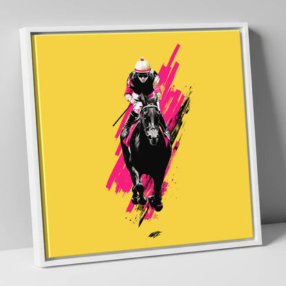 The Front Runner racing horse canvas wall art in white frame