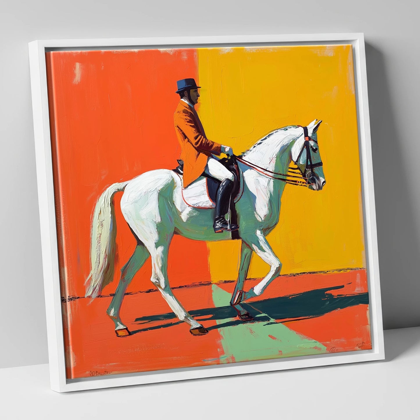 Rhythm In Colour dressage horse canvas wall art in white frame
