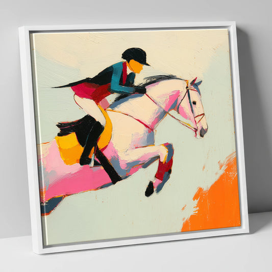 Technicolour Showjumper show jumping horse canvas wall art in white frame