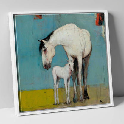 Quiet Bond in Teal mare & foal canvas wall art in white frame