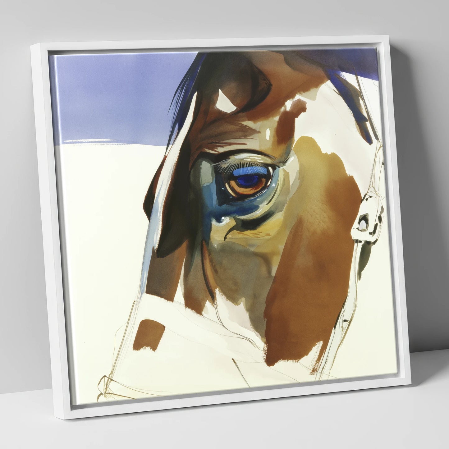 The Indigo Gaze horse portrait canvas wall art in white frame
