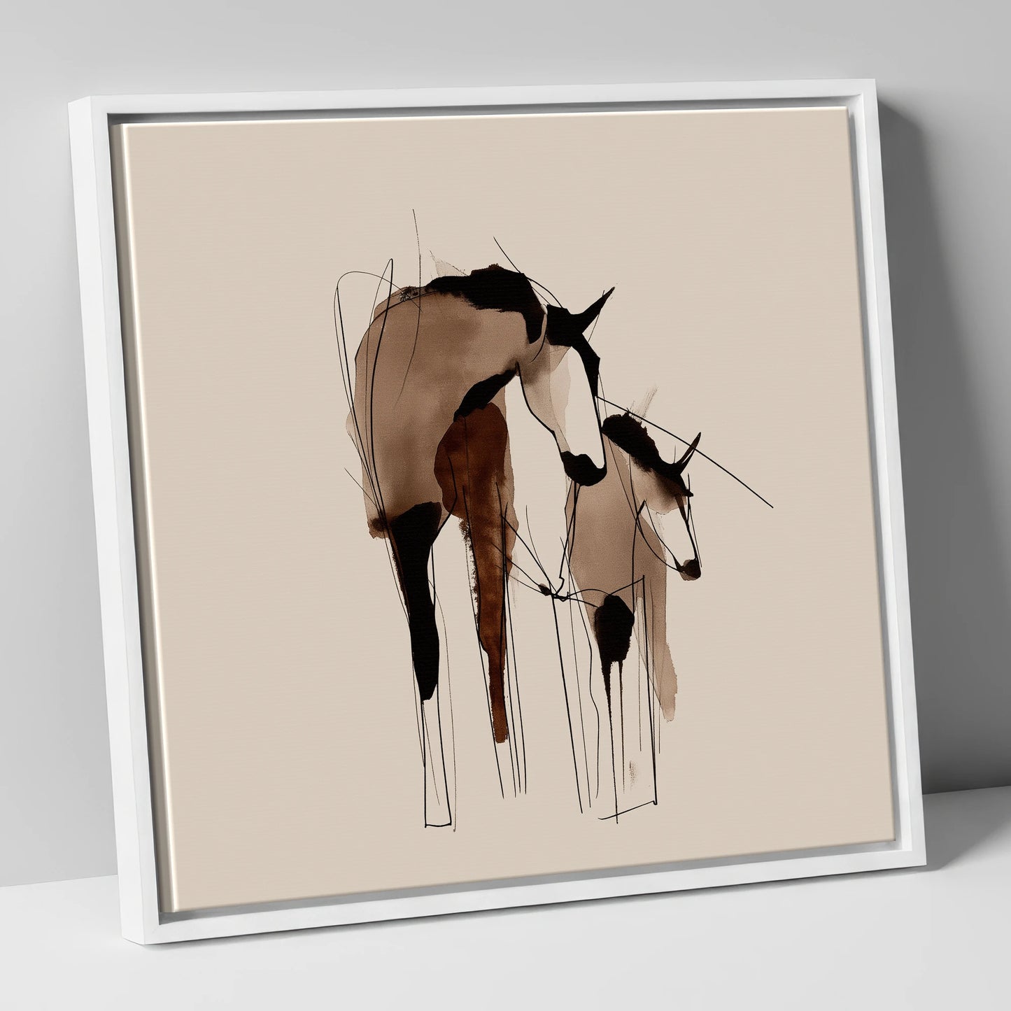 Tender Connection mare & foal canvas wall art in white frame