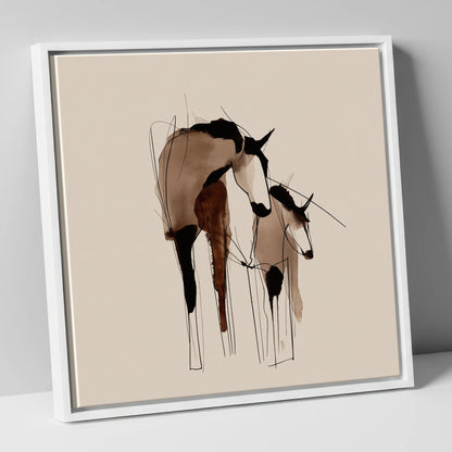 Tender Connection mare & foal canvas wall art in white frame