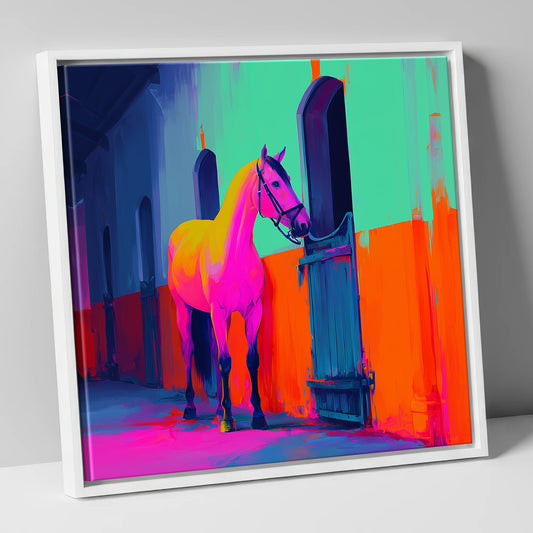Neon Stable Companion horse stable canvas wall art in white frame