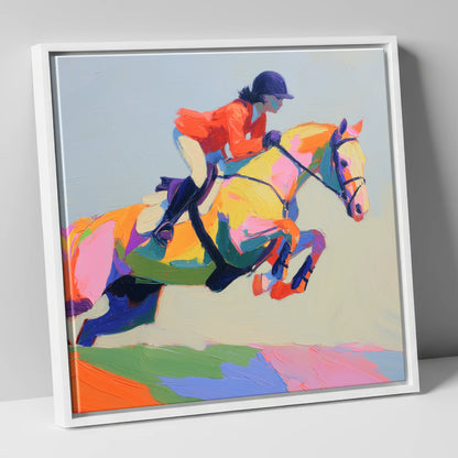 Chromatic Showjumper show jumping horse canvas wall art in white frame