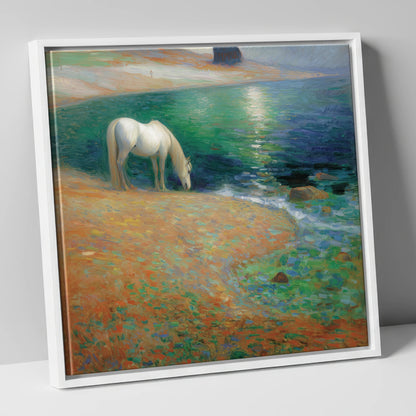 Luminous Coastal Shoreline horse landscape canvas wall art in white frame