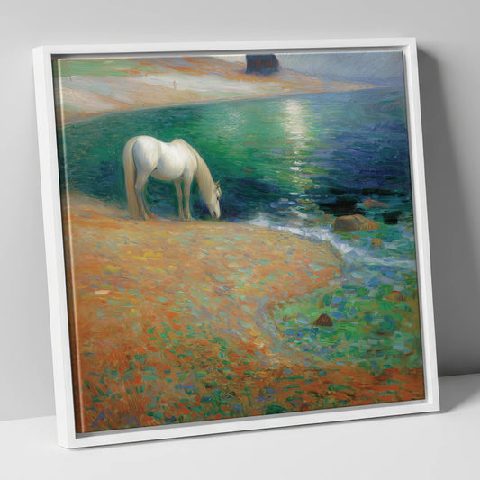 Luminous Coastal Shoreline horse landscape canvas wall art in white frame