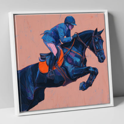 Indigo Ascending show jumping horse canvas wall art in white frame
