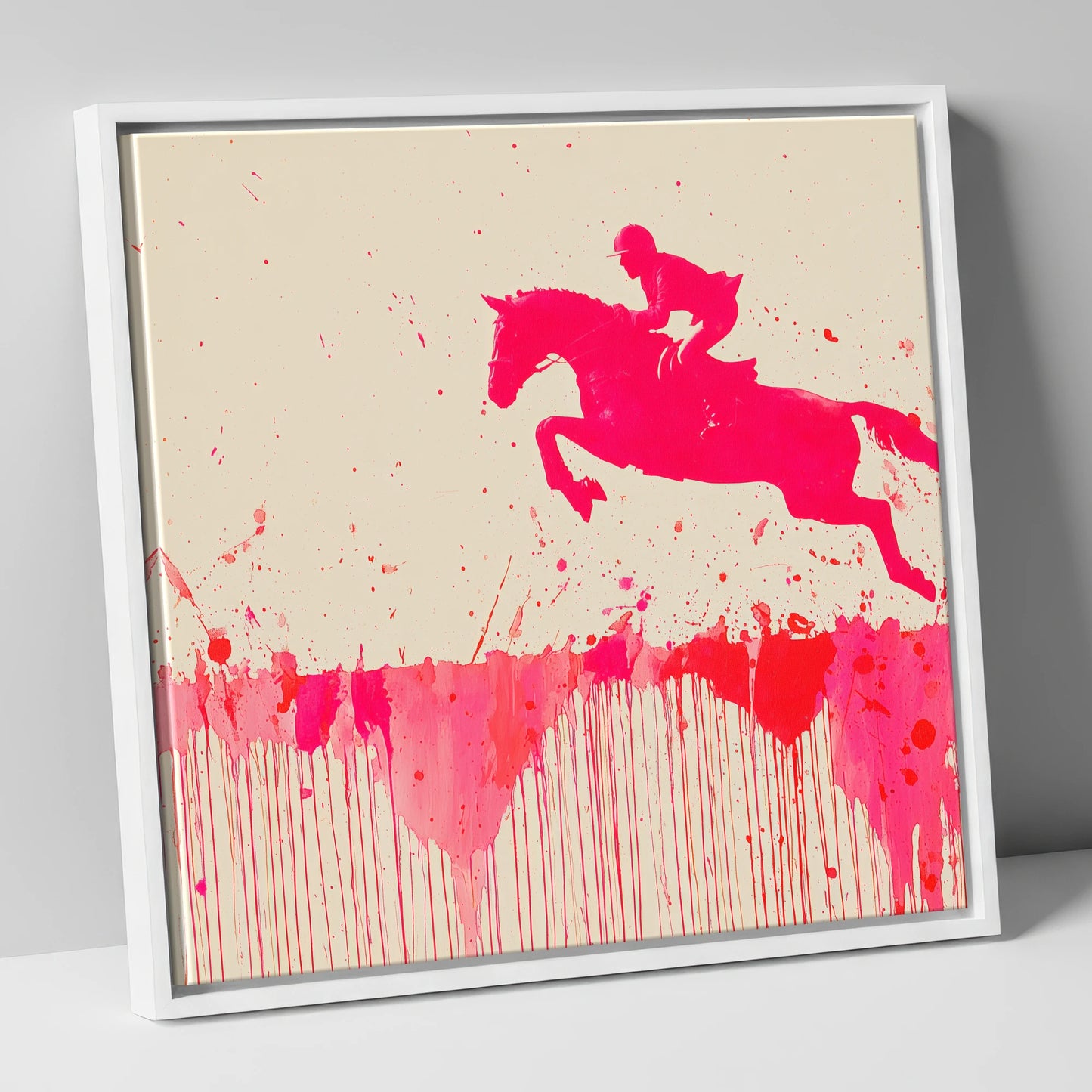 Magenta Flight show jumping horse canvas wall art in white frame