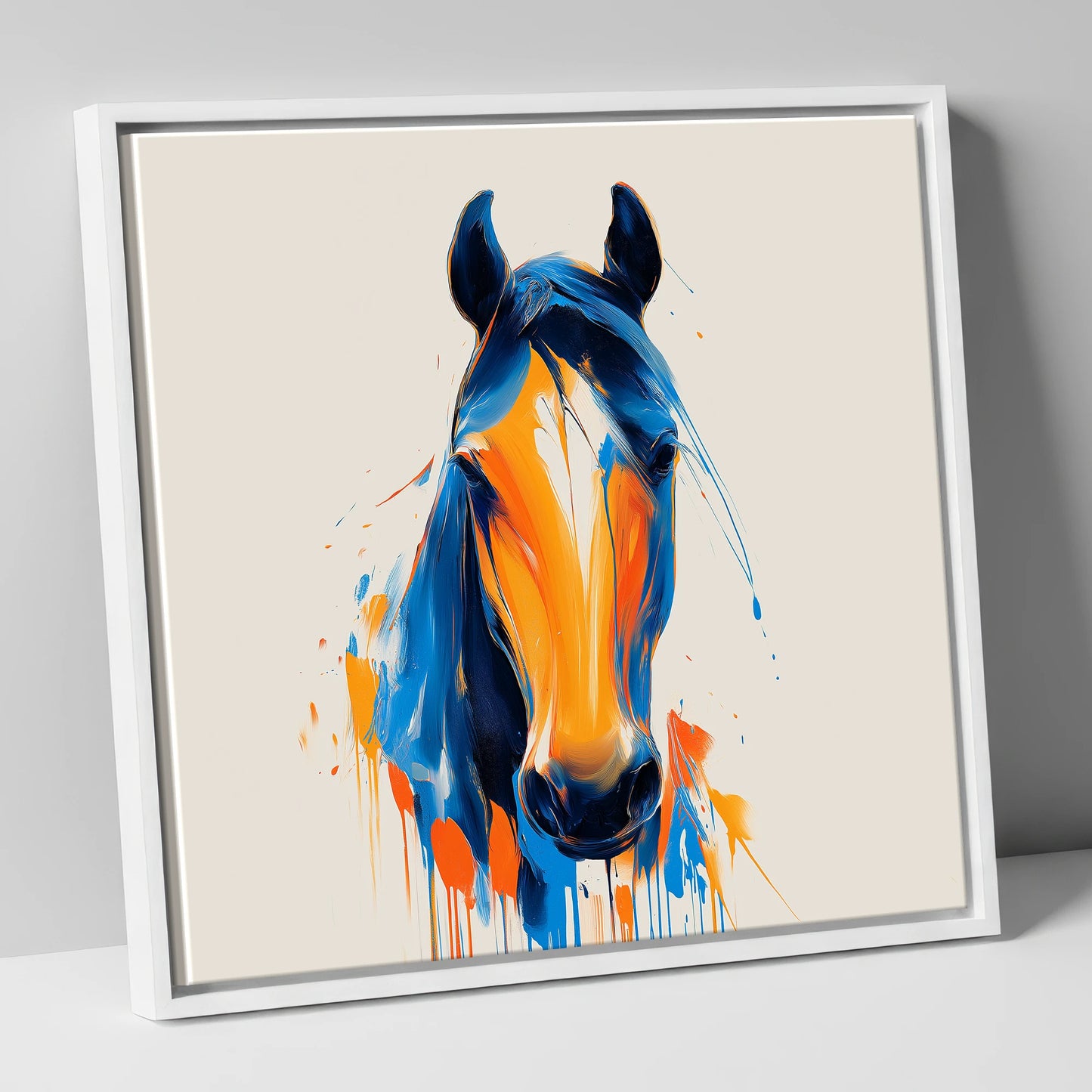 Cobalt and Sienna Spirit horse portrait canvas wall art in white frame