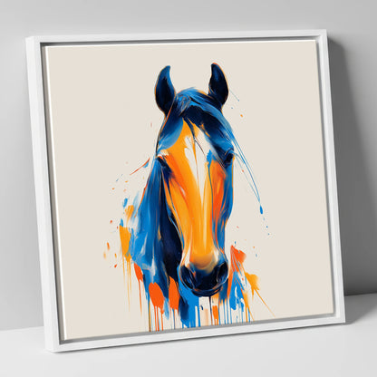 Cobalt and Sienna Spirit horse portrait canvas wall art in white frame