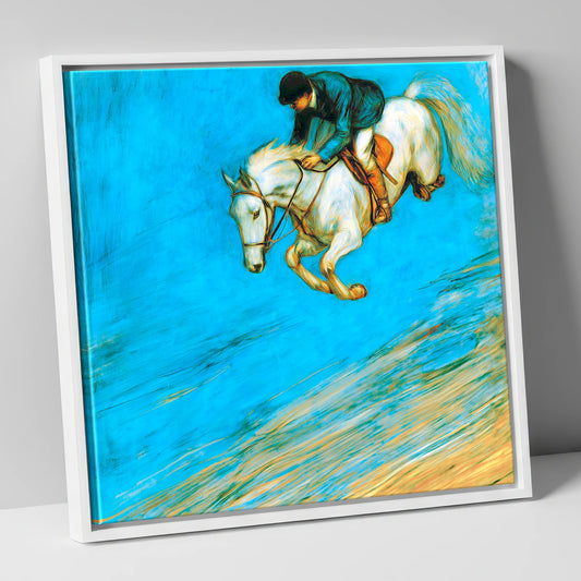 Cerulean Flight show jumping horse canvas wall art in white frame