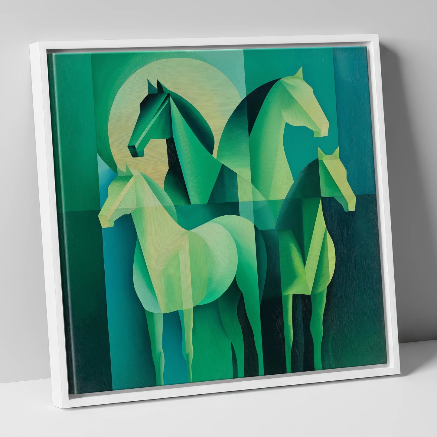 Emerald Herd Harmony wild horses canvas wall art in white frame