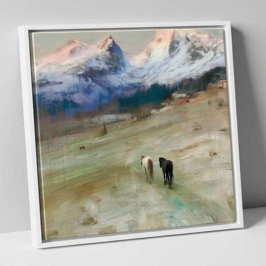 Journey to the Foothills horse landscape canvas wall art in white frame