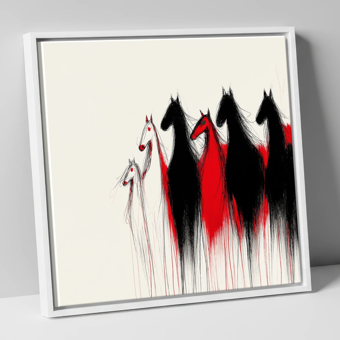 Crimson Herd Silhouettes wild horses canvas wall art in white frame