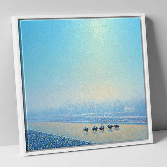 Luminous Morning Race racing horse canvas wall art in white frame