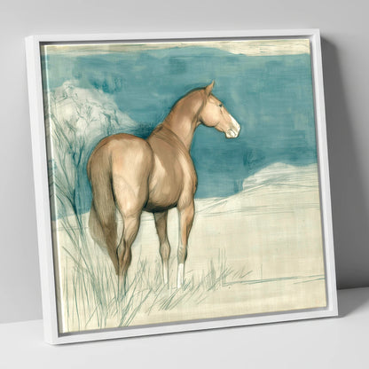 The Quiet Glance horse portrait canvas wall art in white frame