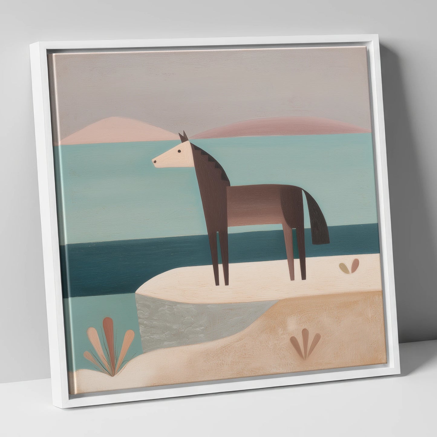 Coastal Solitude horse landscape canvas wall art in white frame