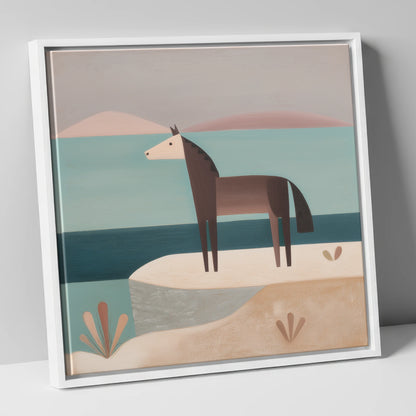 Coastal Solitude horse landscape canvas wall art in white frame