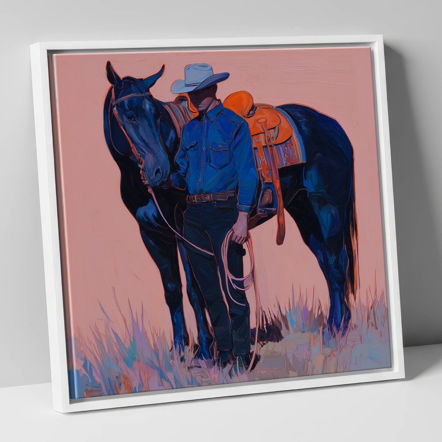 The Indigo Horseman western horse canvas wall art in white frame