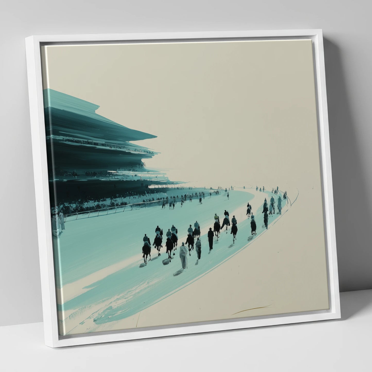 The Final Curve racing horse canvas wall art in white frame