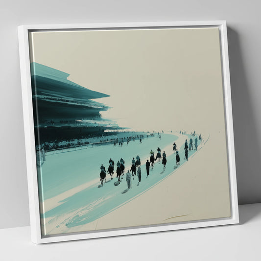 The Final Curve racing horse canvas wall art in white frame