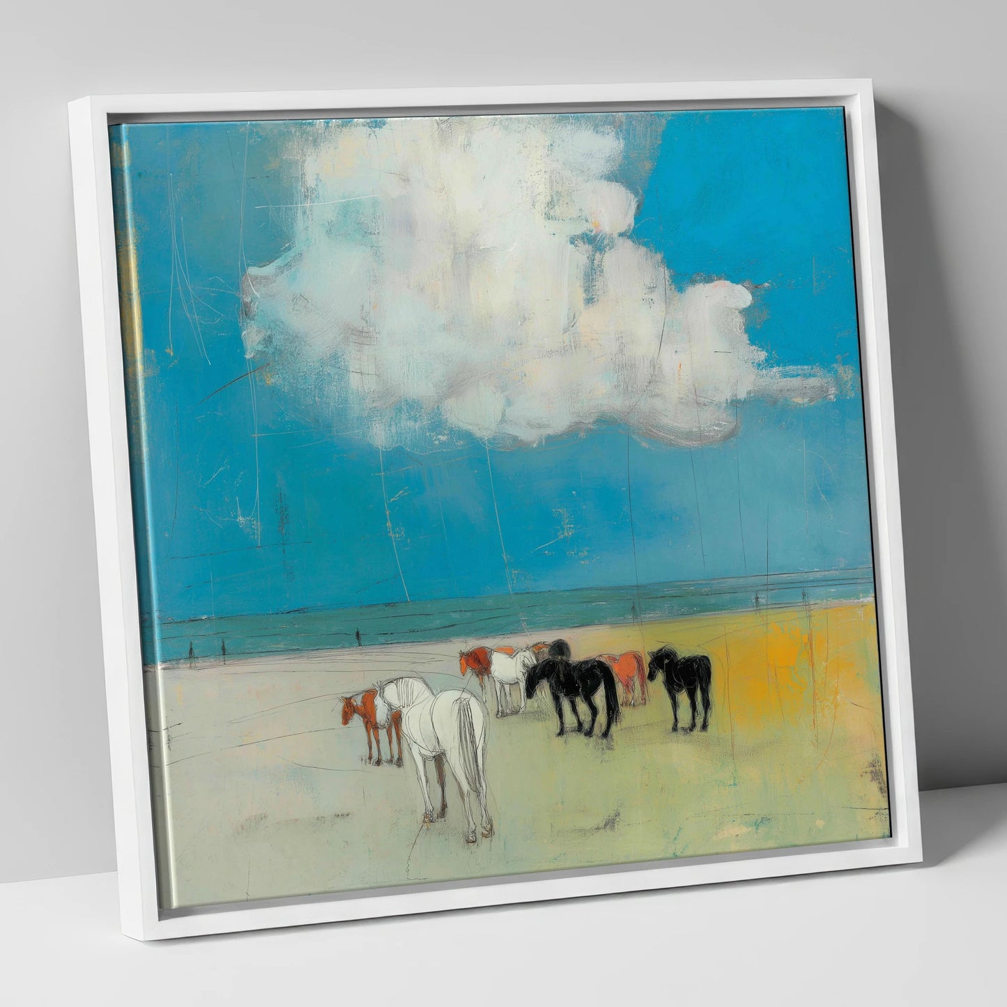 Turquoise Horizon Herd horse landscape canvas wall art in white frame