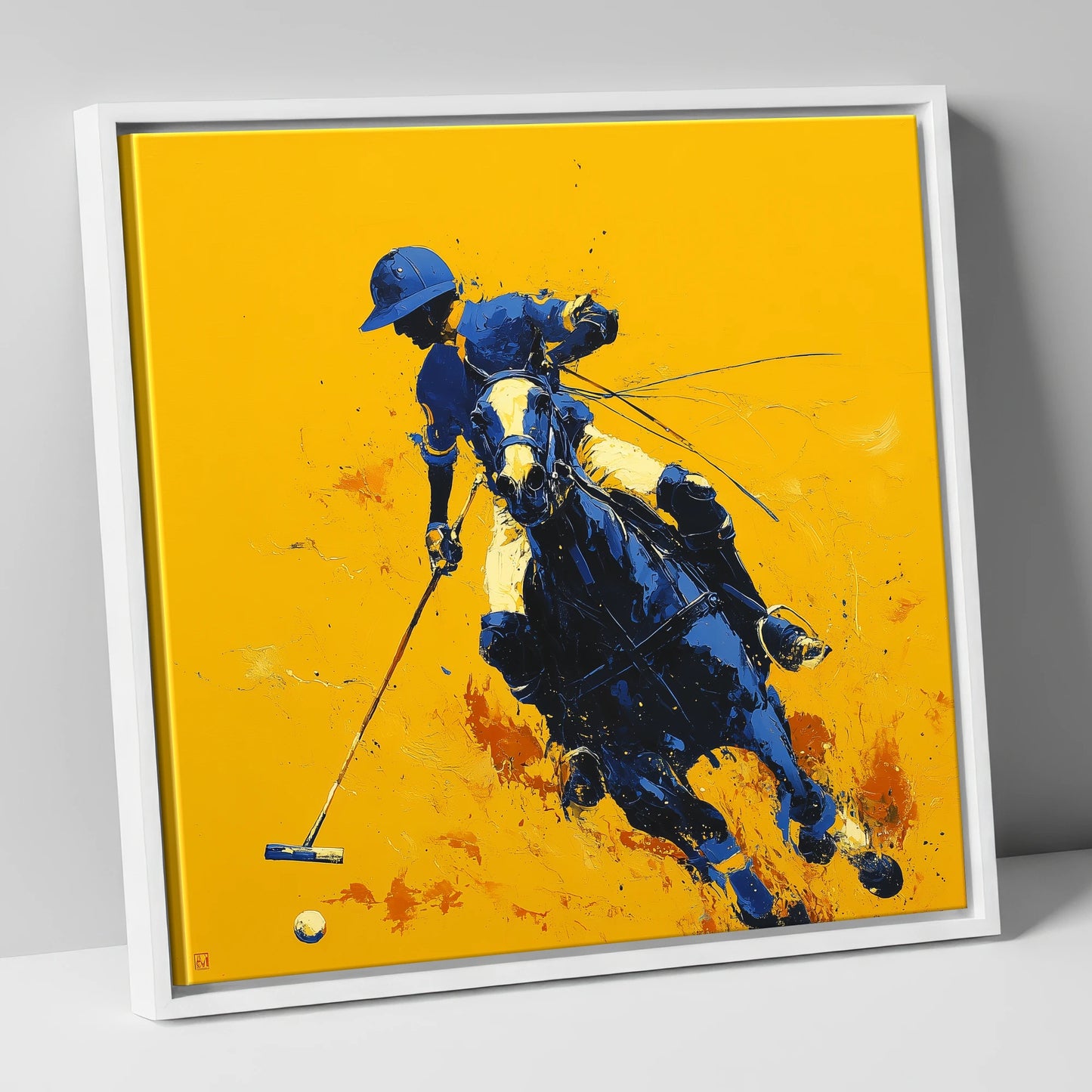 Indigo Chukka Strike polo horse canvas wall art in white frame