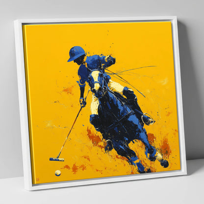Indigo Chukka Strike polo horse canvas wall art in white frame